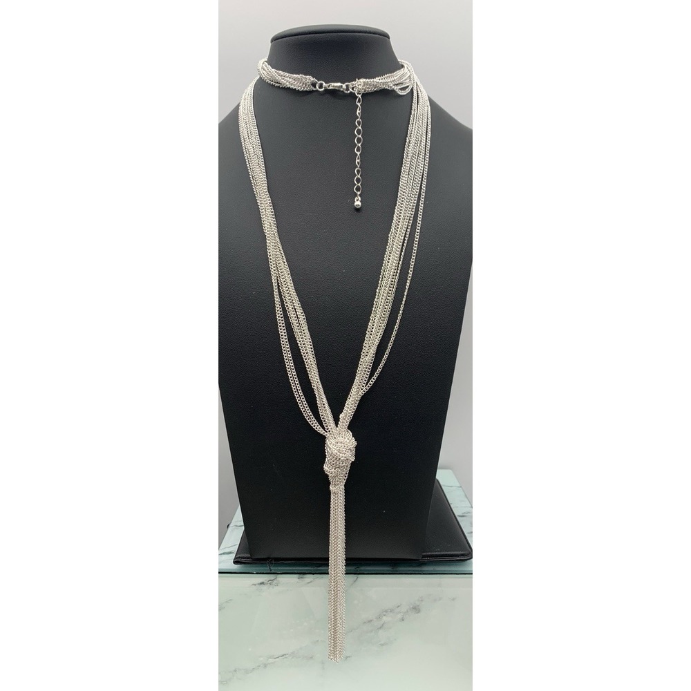 Shiny Silver Tone Multi-Strand Chain Link Lariat Style Knotted Necklace 30-32"